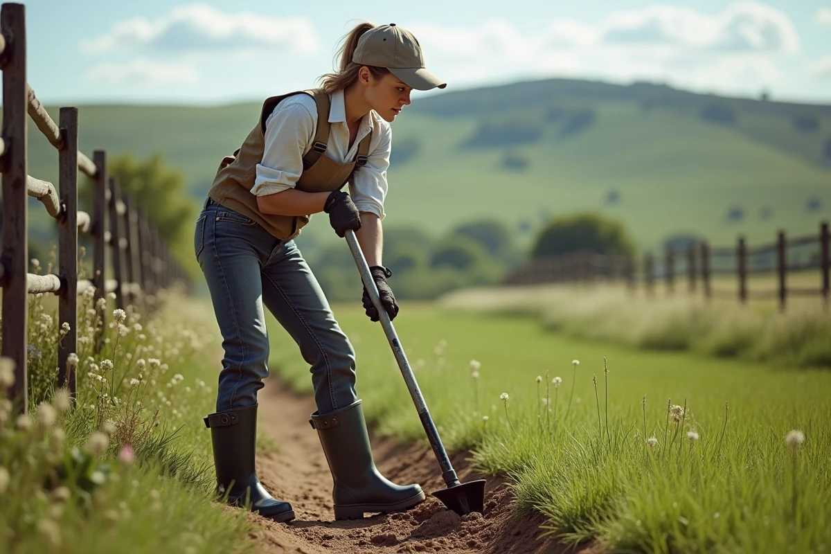 Jeune femme en vêtements de travail utilisant une tarière dans un champ