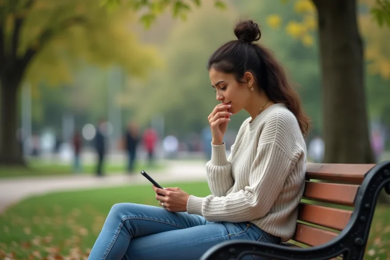 Femme assise sur un banc dans un parc urbain contemplant son téléphone