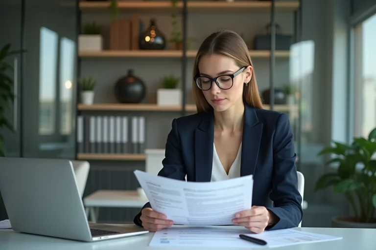Femme professionnelle en bureau moderne avec documents et ordinateur
