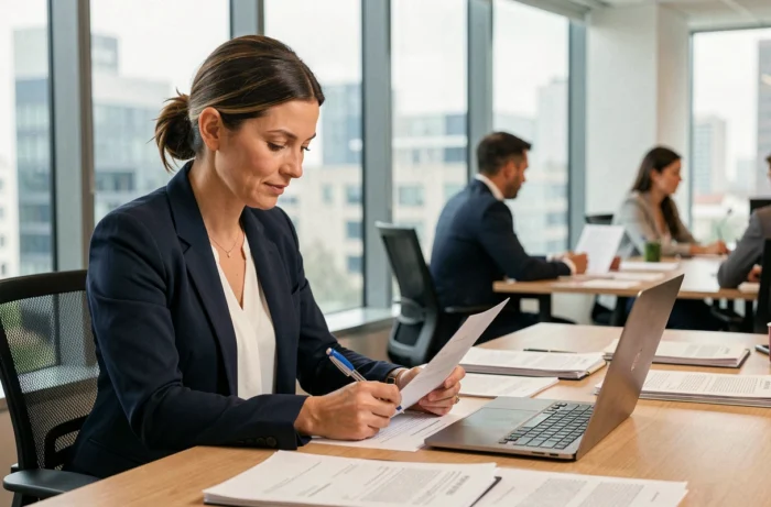 Femme professionnelle en blazer marine prenant des notes dans un bureau moderne pour booster sa carrière en 2024