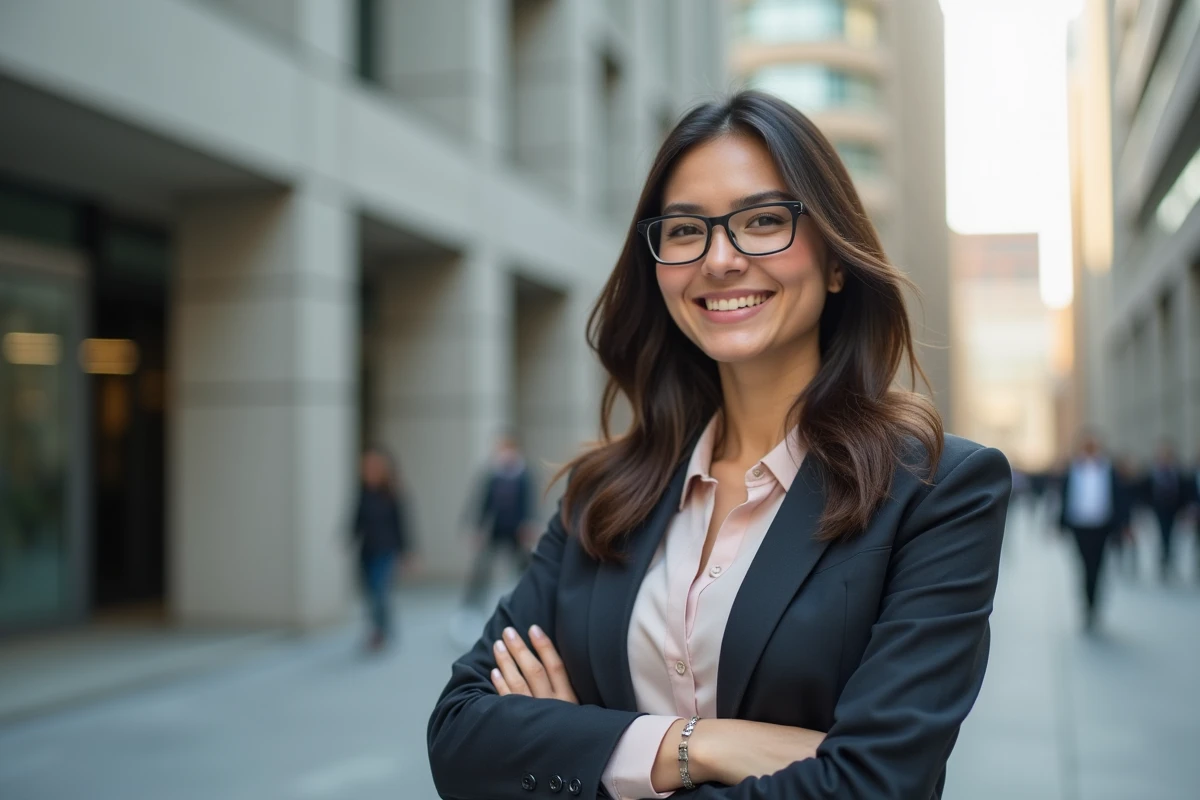 Femme souriante en extérieur près d un bâtiment professionnel