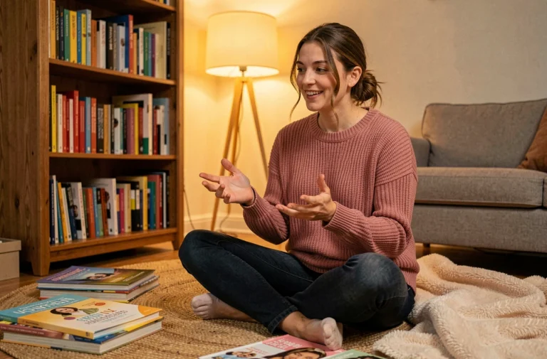Femme racontant une histoire à des enfants dans un salon chaleureux entouré de livres illustrés