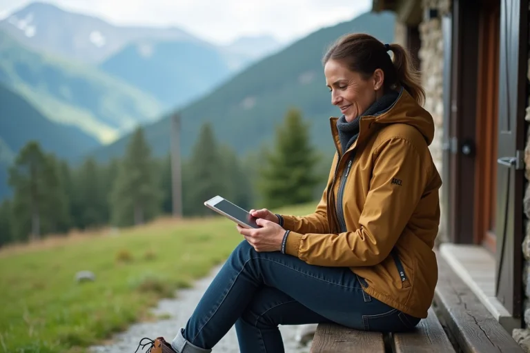Femme en randonnée regardant sa tablette devant La Jasserie Pilat
