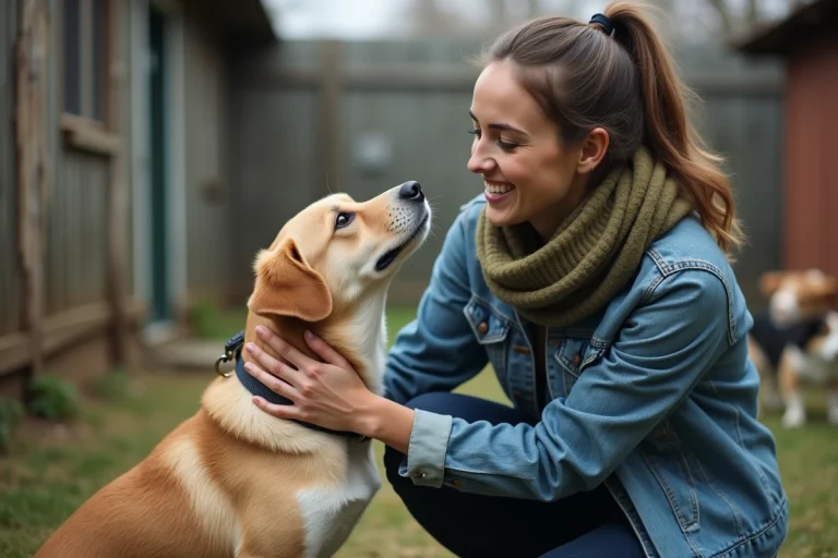 Jeune femme caressant un chien rescue dans un refuge