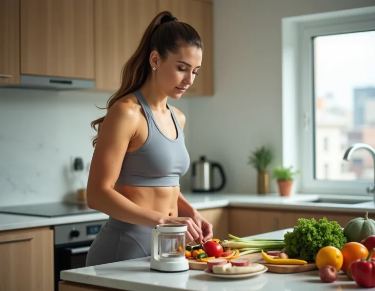 Femme préparant un repas sain et équilibré dans une cuisine moderne pour perdre du poids en deux semaines