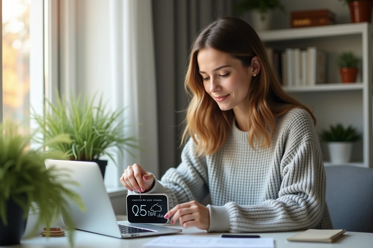 Jeune femme réinitialisant une station météo dans un bureau lumineux