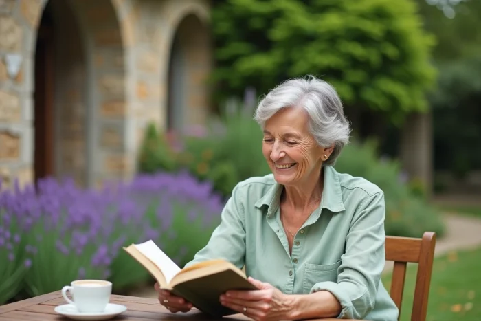 Femme retraitée souriante lisant un livre dans un jardin de campagne français fleuri, profitant de sa retraite sereine