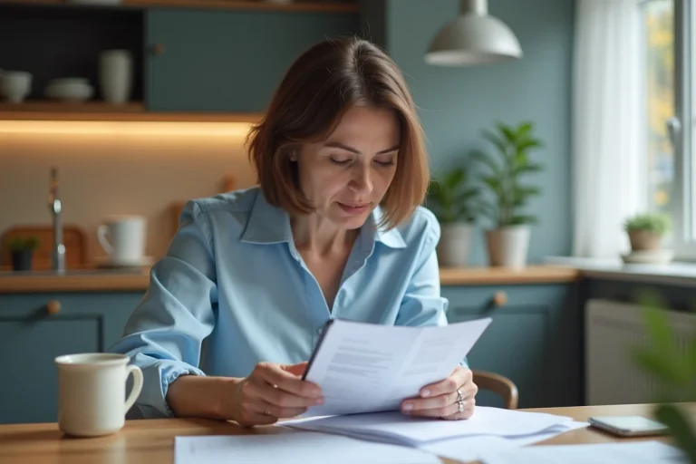 Femme d'âge moyen examine documents bancaires à la maison