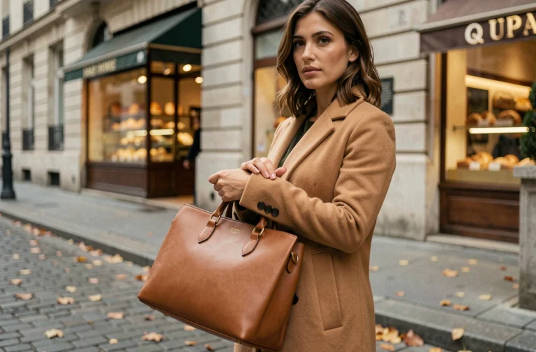 Femme élégante portant un manteau camel et un sac en cuir structuré dans une rue parisienne aux pavés dorés à l'automne