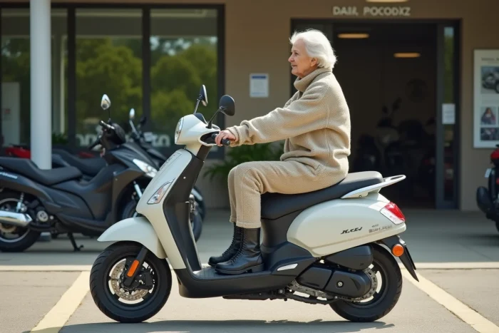 Femme senior assise sur un scooter automatique léger devant une concession moto en zone rurale, portant un équipement de conduite adapté