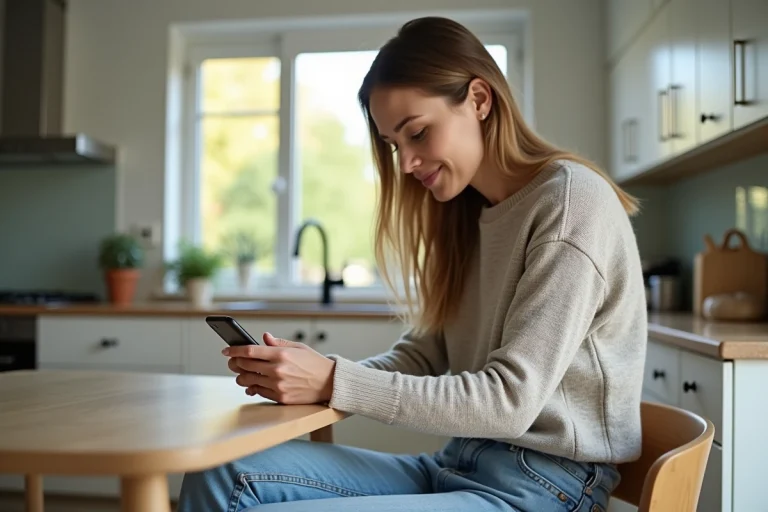 Femme assise à la cuisine avec smartphone et expression naturelle