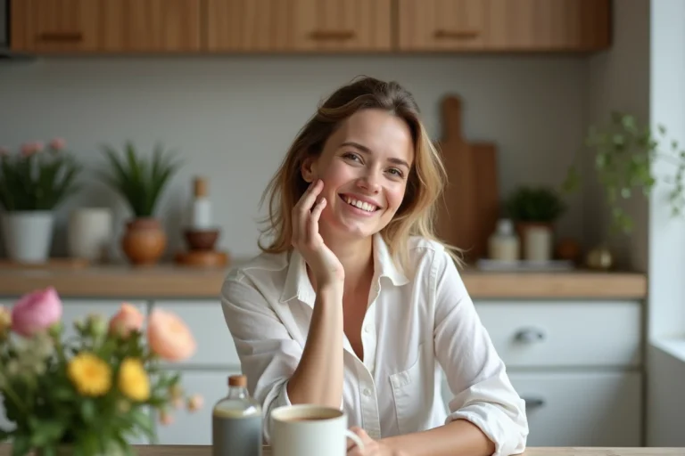 Femme souriante en intérieur avec fleurs et soins peau