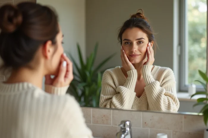 Femme appliquant une creme visage dans sa salle de bain
