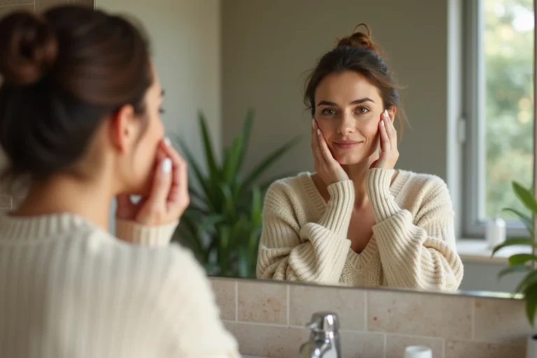Femme appliquant une creme visage dans sa salle de bain