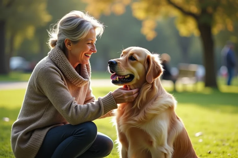 Femme souriante avec son chien dans un parc ensoleille