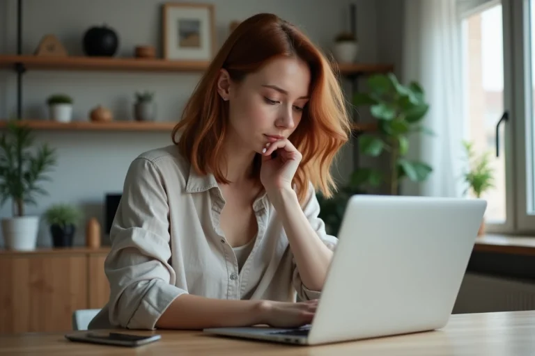 Femme assise à son bureau à la maison en train de naviguer sur un site web