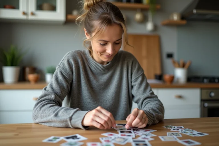 Femme triant des vignettes Intermarché Armor Lux sur une table en bois pour les échanger