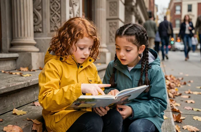 Deux fillettes lisant un livre illustré sur les marches d'une bibliothèque en automne
