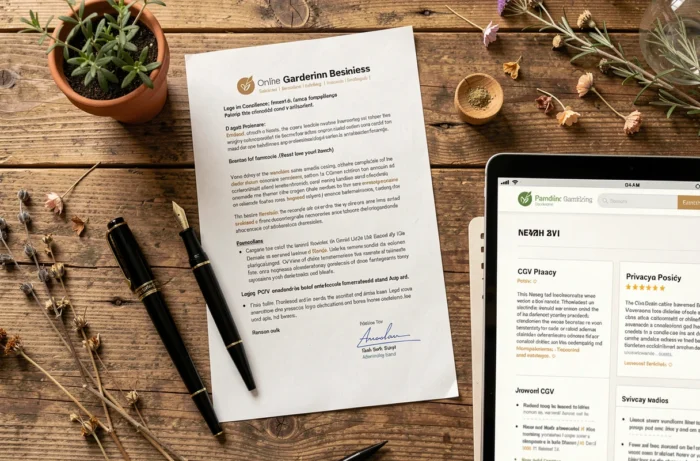 Vue de dessus d'un bureau avec documents légaux, tablette affichant les CGV d'un site de jardinage et accessoires végétaux