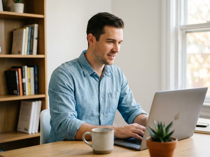 Freelance en portage salarial travaillant depuis son bureau à domicile sur un ordinateur portable