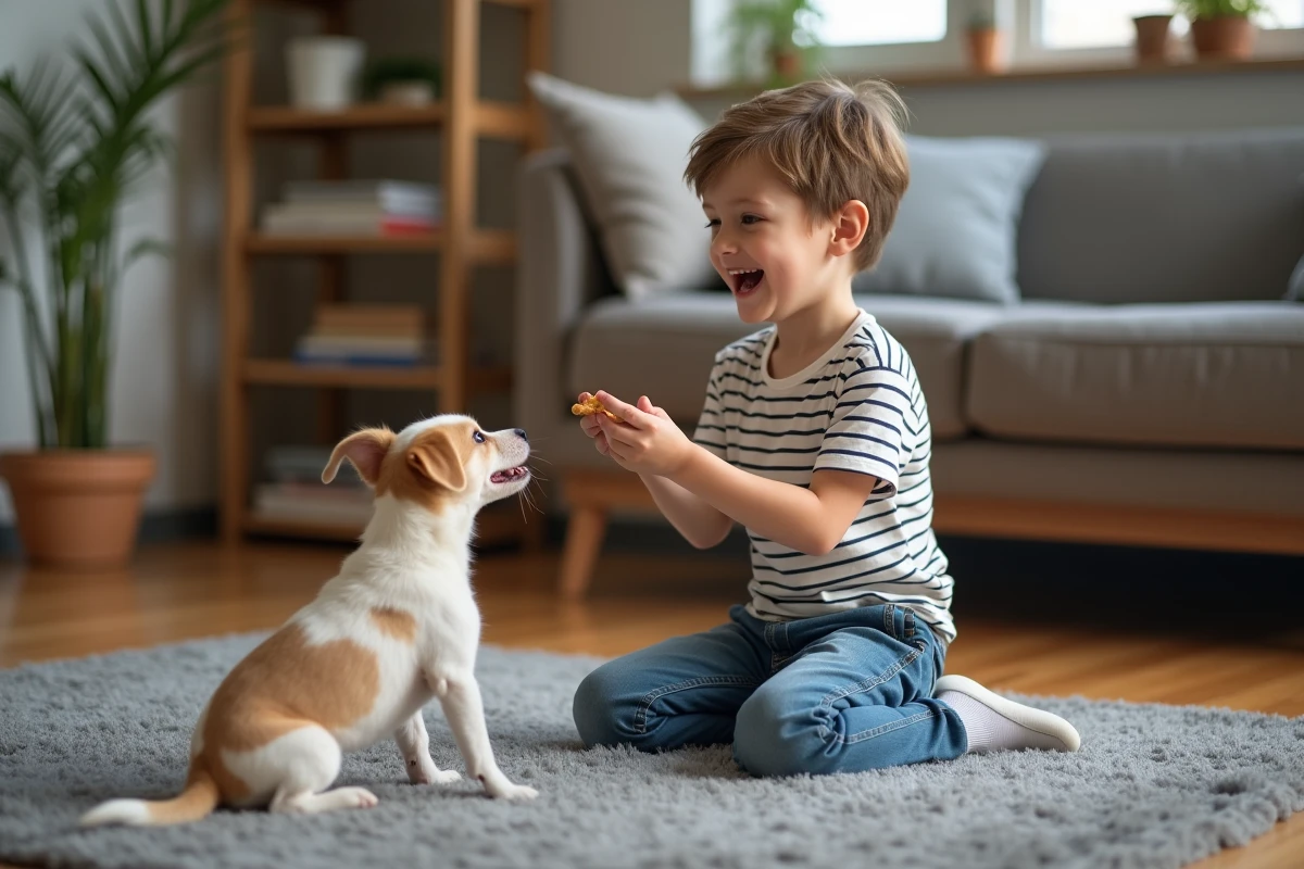 Garçon jouant avec son chien dans un salon chaleureux