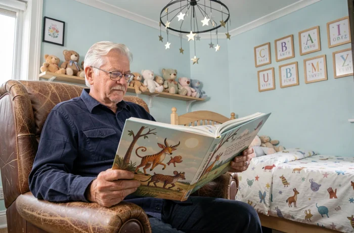 Grand-père lisant un livre de contes illustré à l'heure du coucher dans une chambre d'enfant