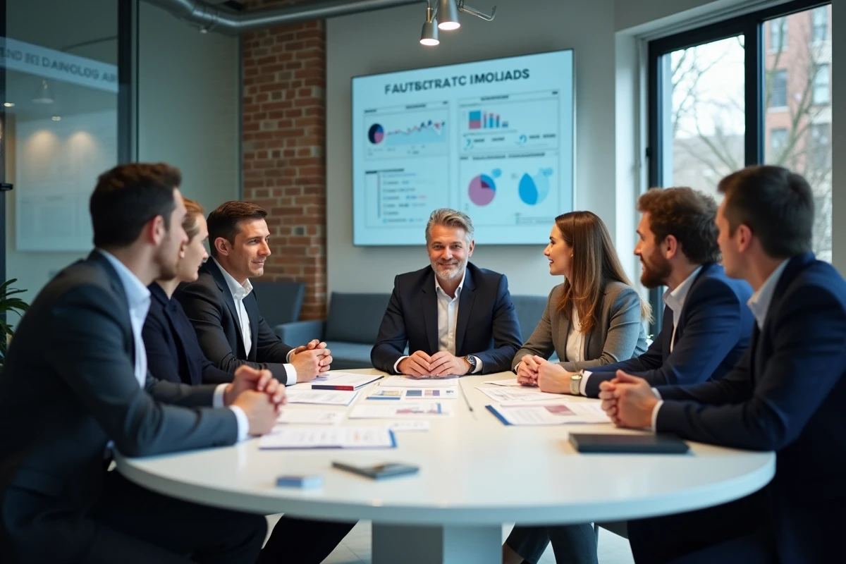 Groupe diversifié en réunion collaborative dans un espace moderne