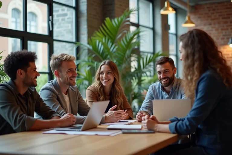 Groupe d'entrepreneurs divers discutant dans un espace coworking