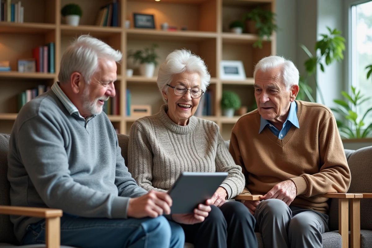 Groupe de seniors découvrant une maison connectée dans une salle conviviale