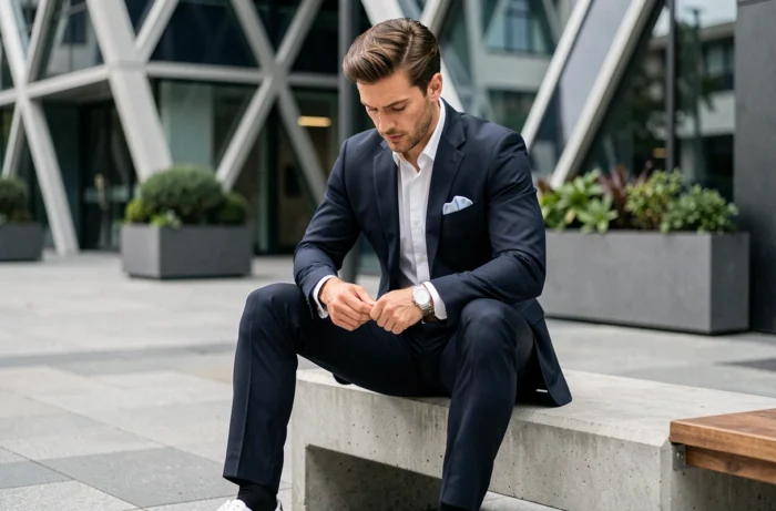 Homme en costume marine portant des accessoires minimalistes tendance — ceinture cuir, montre argentée et pochette — dans un cadre urbain moderne
