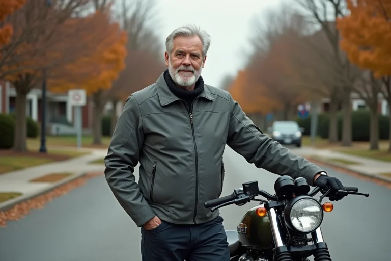 Homme âgé en veste de moto textile grise posant à côté d'une moto cruiser basse cylindrée dans une rue résidentielle en automne