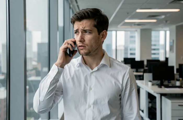 Homme d'affaires méfiant recevant un appel téléphonique suspect au bureau