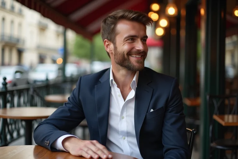 Homme en costume dans un café parisien élégant