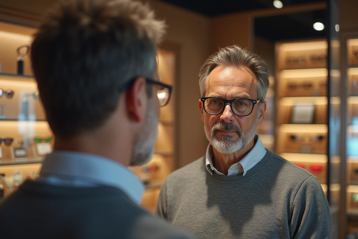 Homme vérifiant des lunettes dans une boutique optique moderne