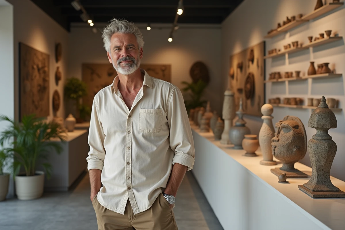 Homme devant une collection d