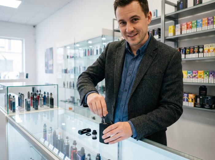 Jeune homme assemble une ecigarette dans un magasin hightech
