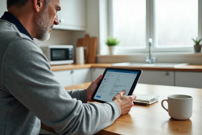 Homme gérant ses emails EDF sur une tablette dans une cuisine moderne