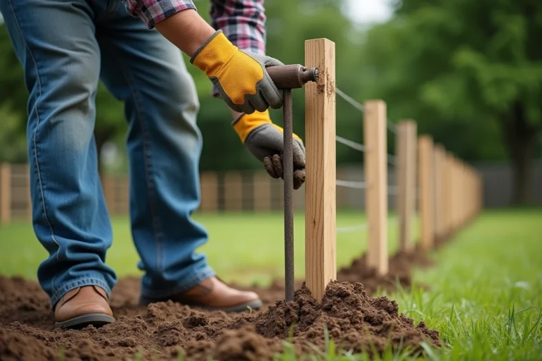 Homme en jeans et gants tampant un poteau en bois dans le jardin