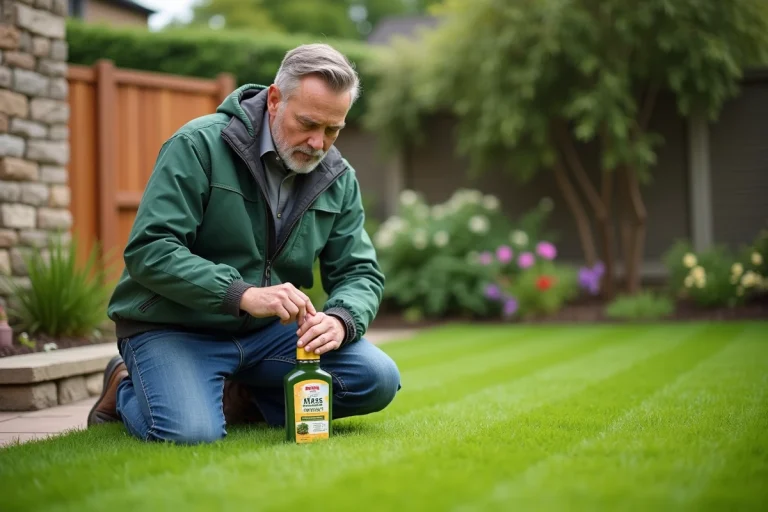 Homme en vêtements de jardinage examine une bouteille de mousseur