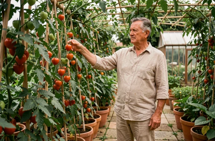 Homme inspectant des plants de tomates dans un jardin potager bien équipé avec treillis et serre