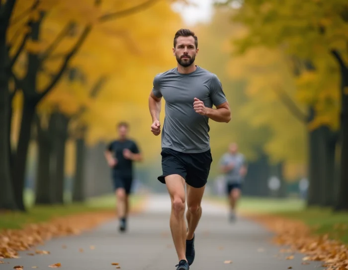 Homme qui fait du jogging en plein air dans un parc en automne dans le cadre d'un programme de perte de poids