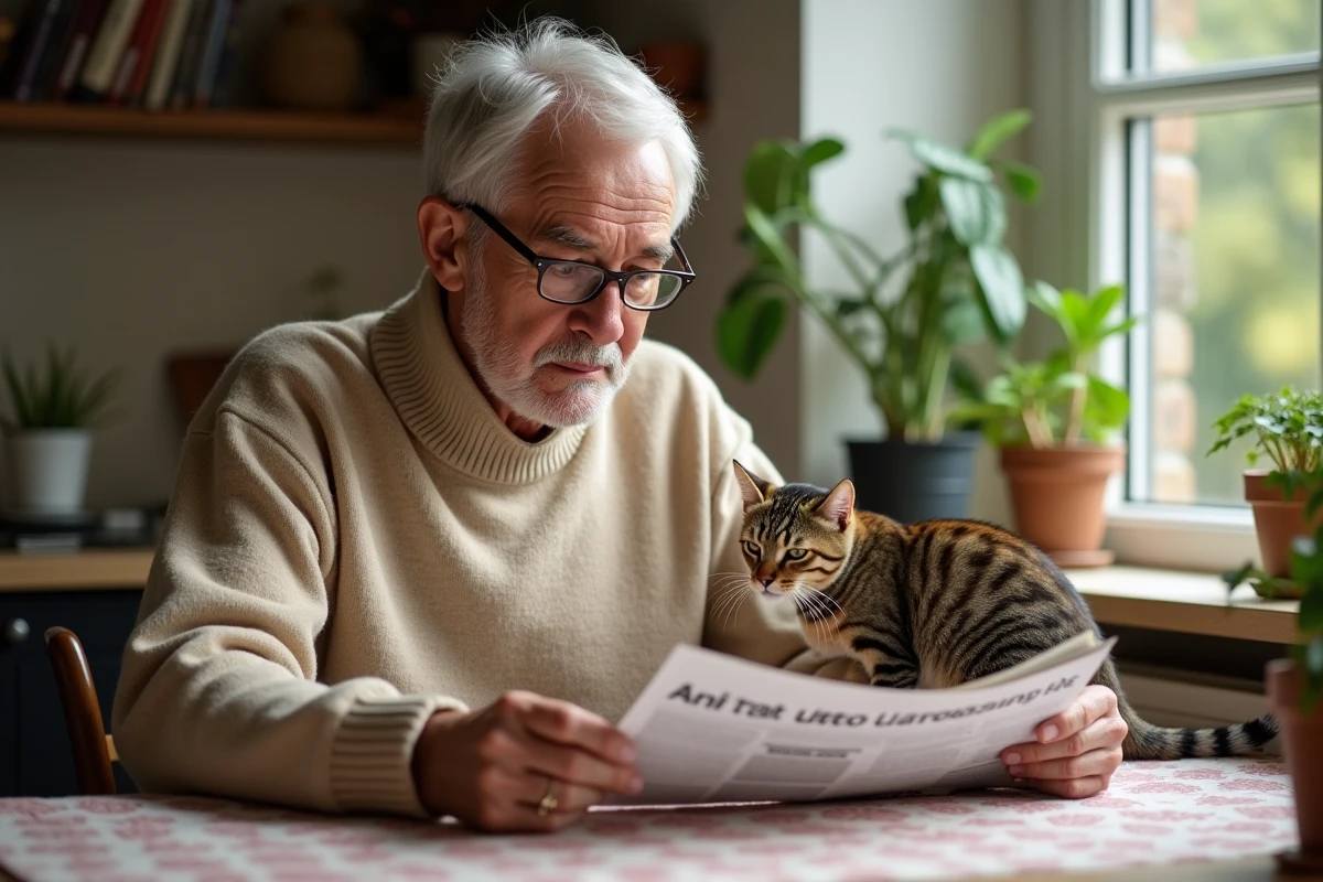 Homme lisant une newsletter animal dans son appartement