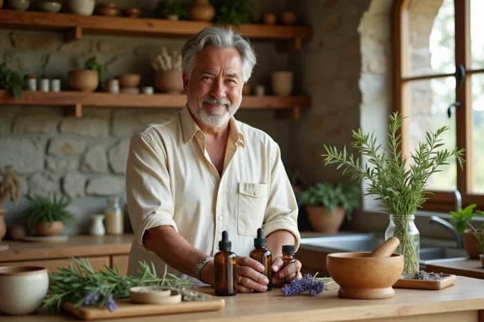 Homme arrangeant des produits naturels de bien-être avec des herbes séchées et des huiles essentielles dans une cuisine rustique