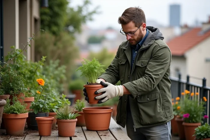 Homme rempotant des plantes sur une table de jardinage en bois sur un balcon urbain fleuri avec des pots en céramique et des herbes aromatiques