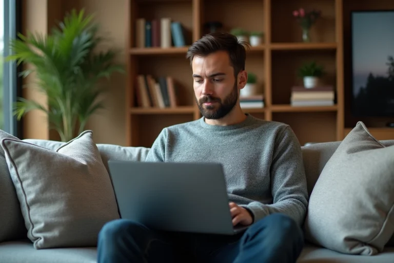 Homme détendu sur un canapé avec un ordinateur portable