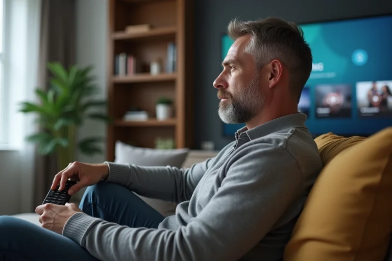 Homme détendu regardant la télévision Samsung dans un salon moderne