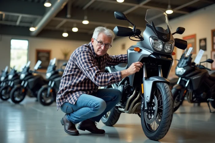 Homme de 65 ans inspectant la hauteur de selle d'une moto trail polyvalente dans un showroom moto moderne au sol en béton