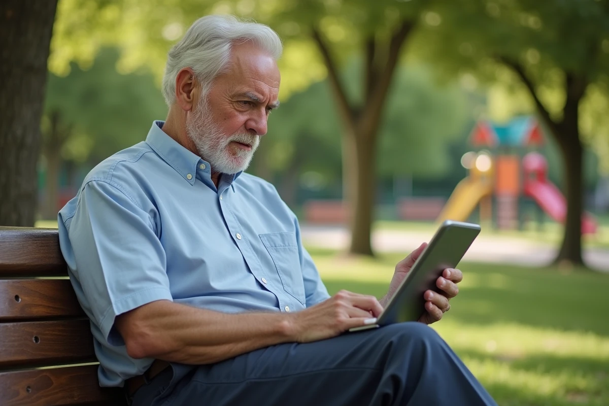 Homme senior assis dans un parc avec une tablette en main