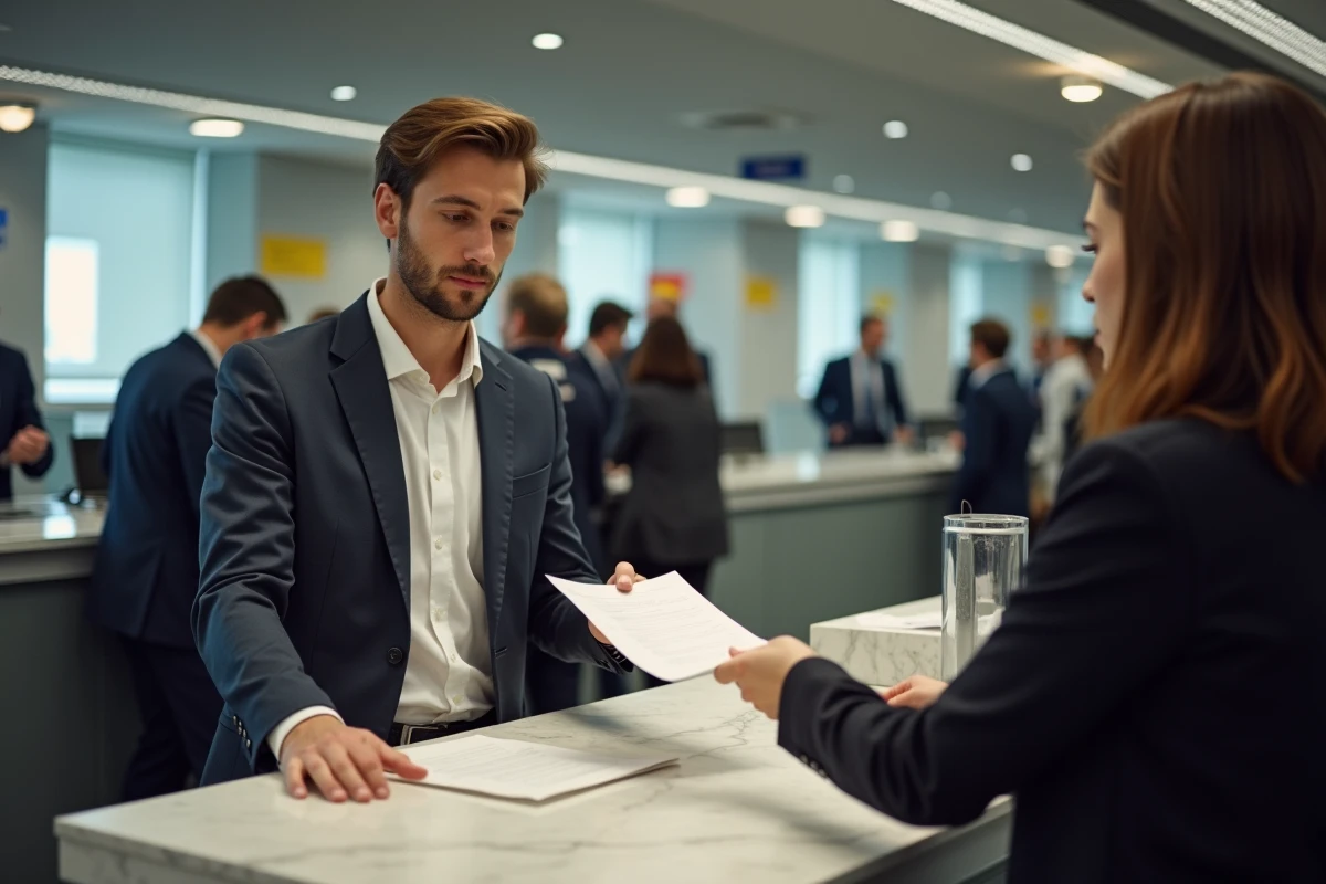 Jeune homme professionnel remet un formulaire à un guichet