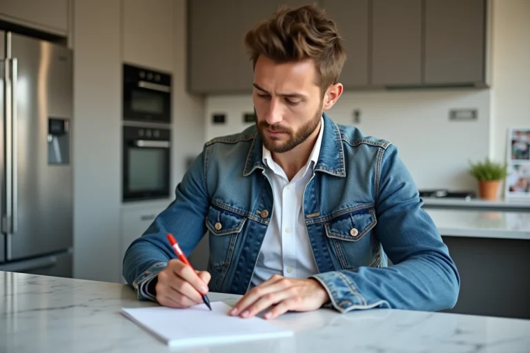 Homme en denim signant un document dans une cuisine moderne